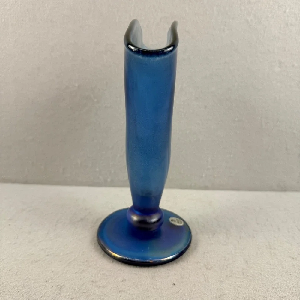 Fenton MMA Blue Satin Iridescent Stretch‎ Glass Fan Vase Handmade in USA 8 Inch